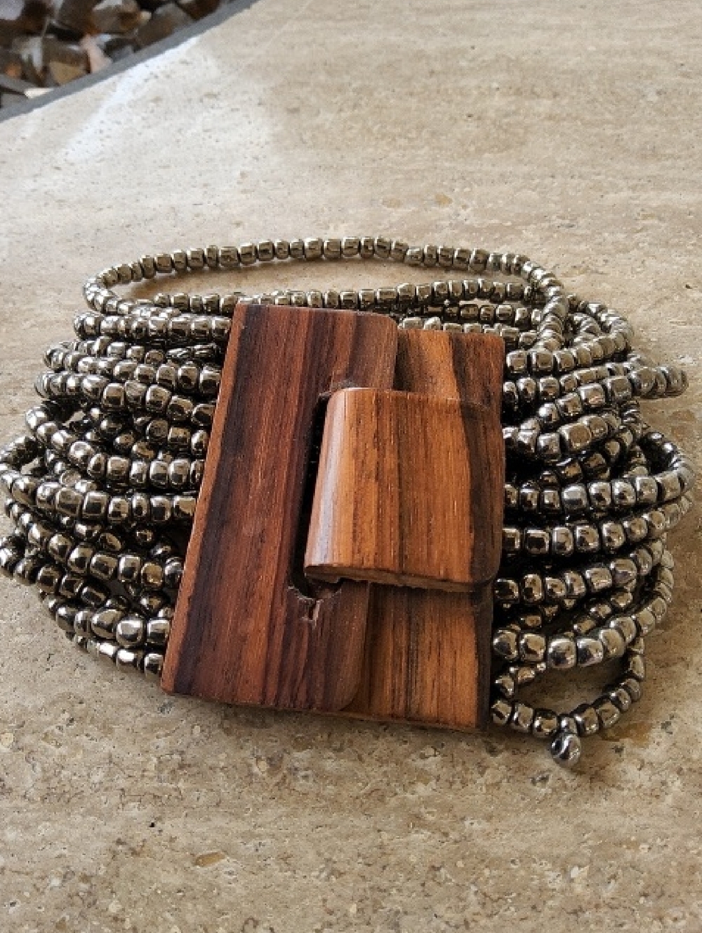 Multi-Strand Silver Bead Bracelet with Wooden Clasp